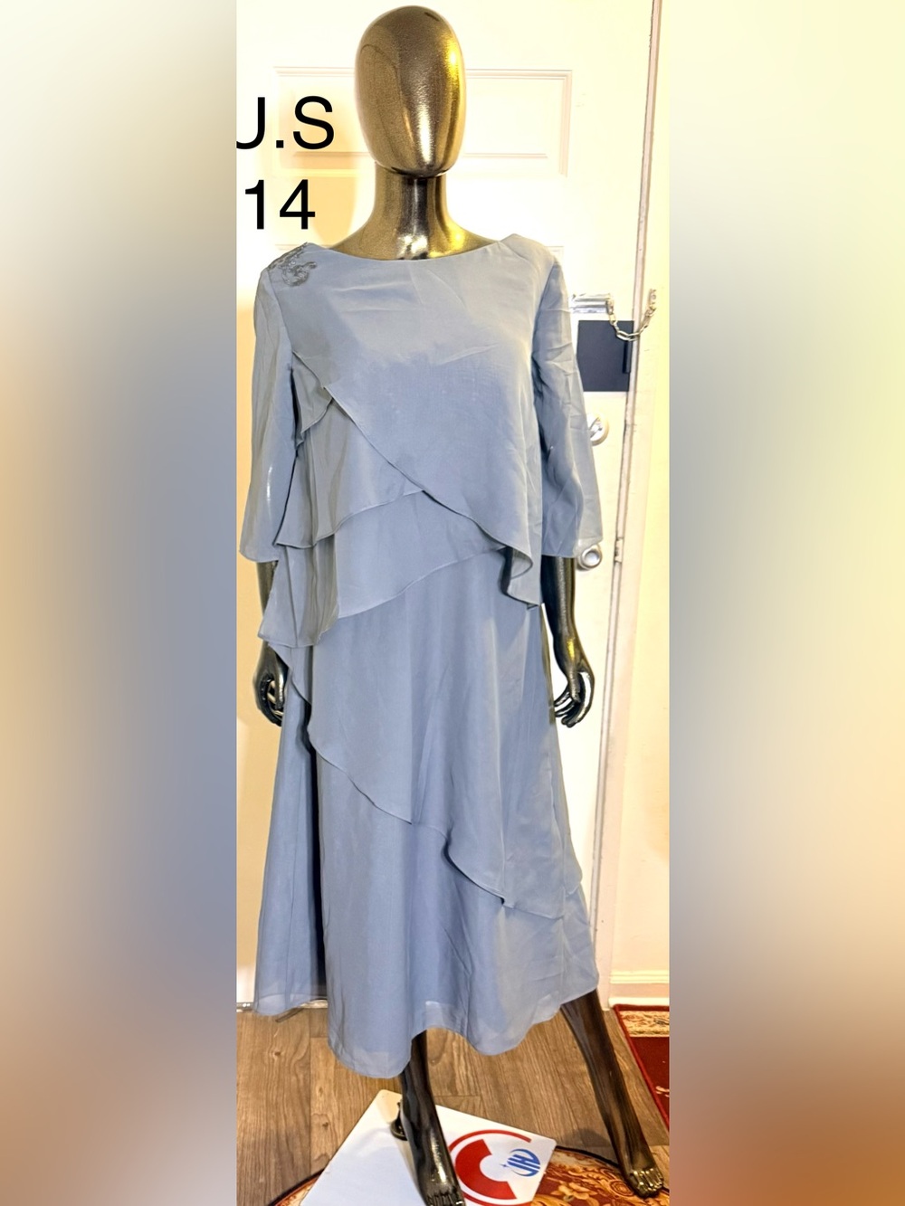 Elegant Slate Blue Ruffle Layered Women's Dress